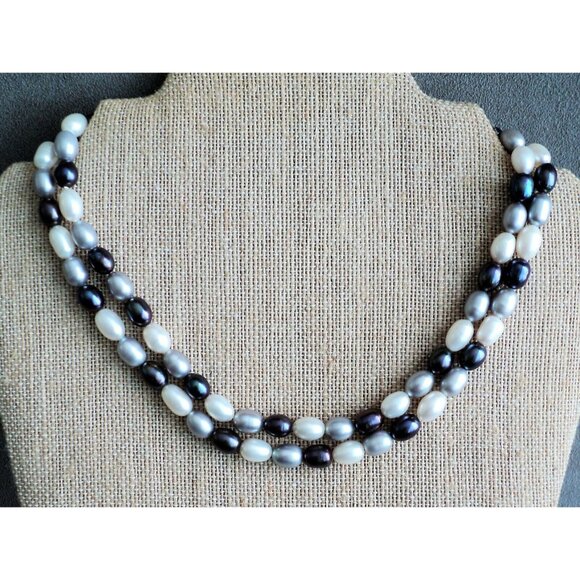 Opera Extra-Long 36" Real PEARL NECKLACE Oblong WHITE Silver BLACK 8mm Vintage - Picture 1 of 4